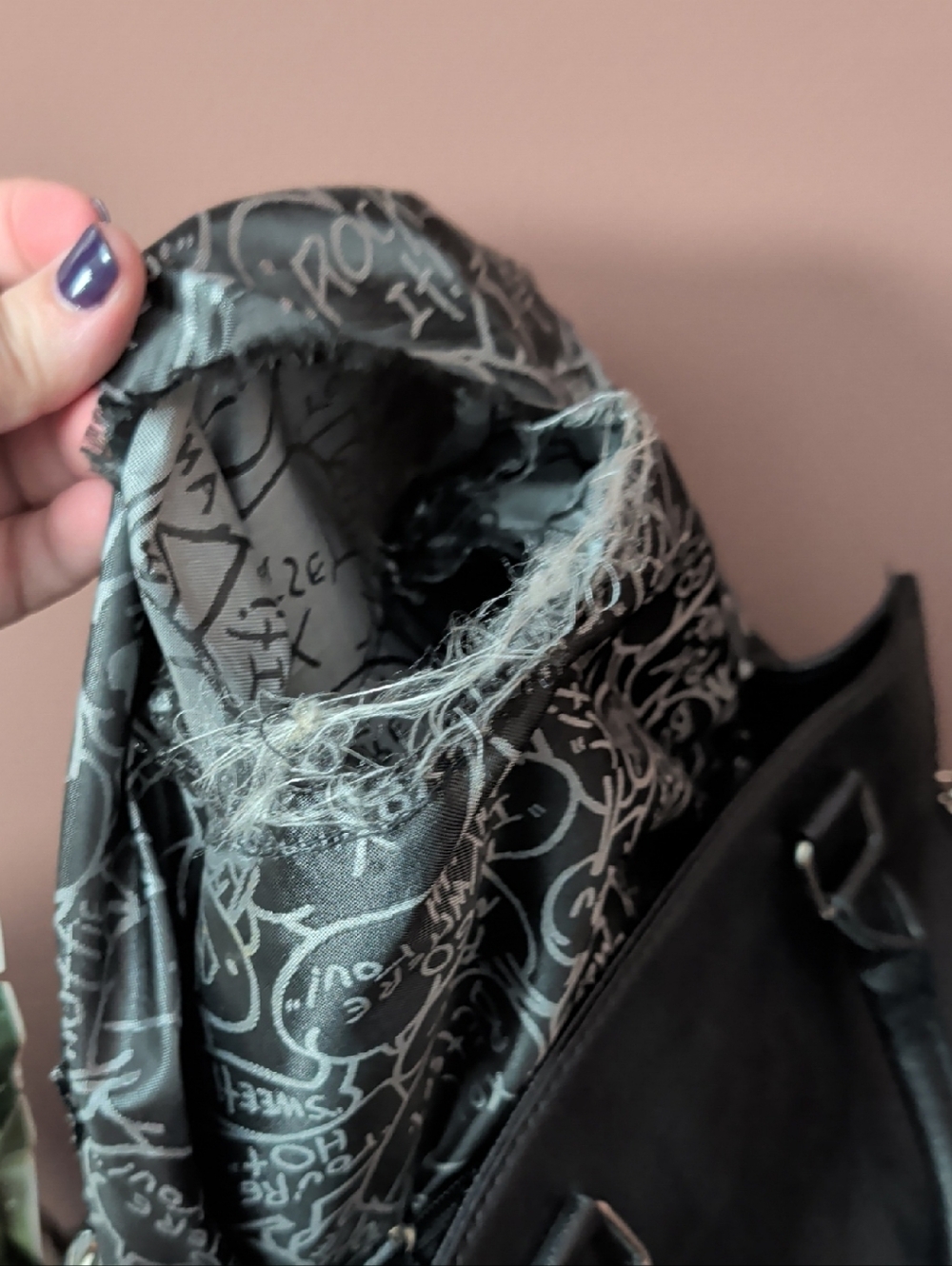 Black Shoulder Bag with Gray Printed Satin Lining
